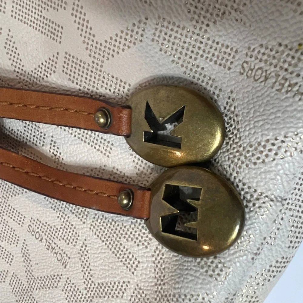 Michael Kors Signature MK Monogram Hobo Bag Cream Gold Braided Leather Handle